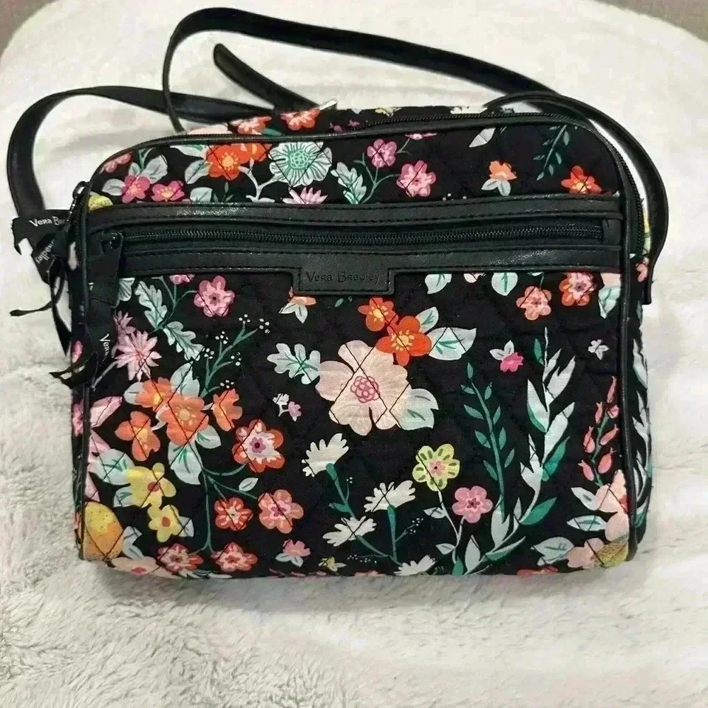 Vera Bradley Tangerine Twist Cotton Faux Leather Black Floral 9.5”x7.5”x 3”